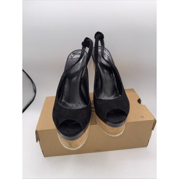 GUCCI READ **Black Suede SlingBack Cork Tattoo Wedge Platform Heel Sandals Sz 8 - Picture 10 of 14